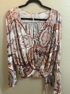 Women’s Printed Wrap Blouse in Cream and Brown